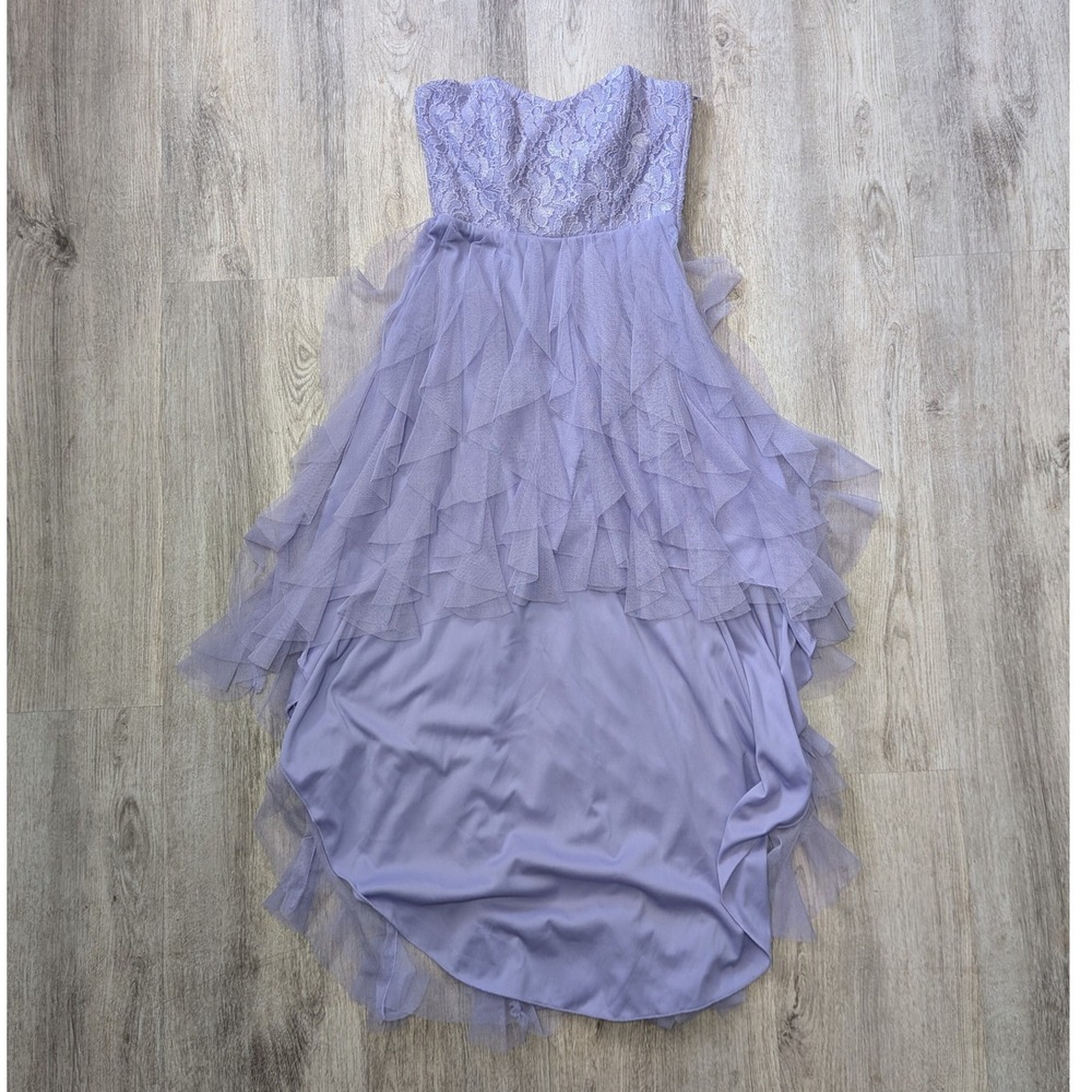 Teeze Me Lavender Y2K Fairy Lace Strapless Tiered Tulle High Low Dress Size 1
